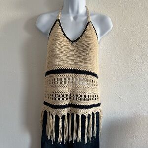 Crochet Fringe Boho Paper Crane Beige and Blue